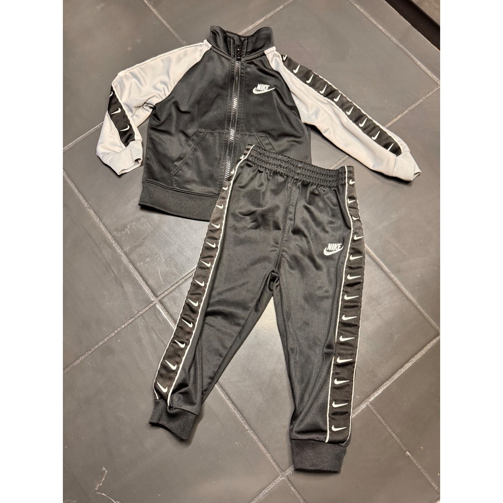 Nike Toddler Boys Tracksuit Set Black Grey Swoosh Tape Jacket Pants 18M G343-023
